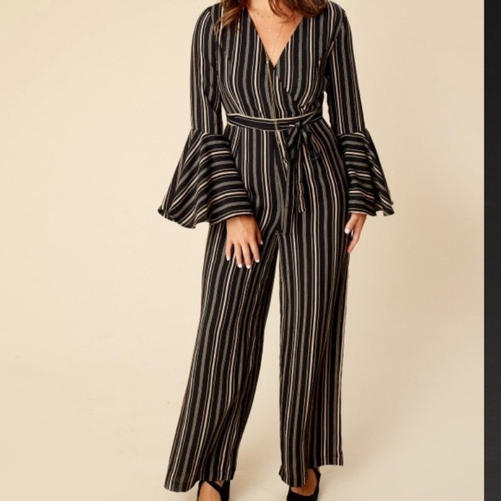 Altar'd State Striped Bell Sleeve Wide Leg‎ Jumpsuit - Black & White - Size M